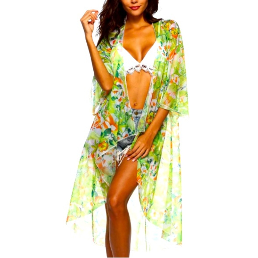 NEW Besty Johnson Floral Raffle Asymmetric Bottom Cover Up Duster Size  …